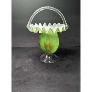 Bohemian Art Glass Footed Green Basket, Ruffled Edge, Hand Blown, Twisted Handle